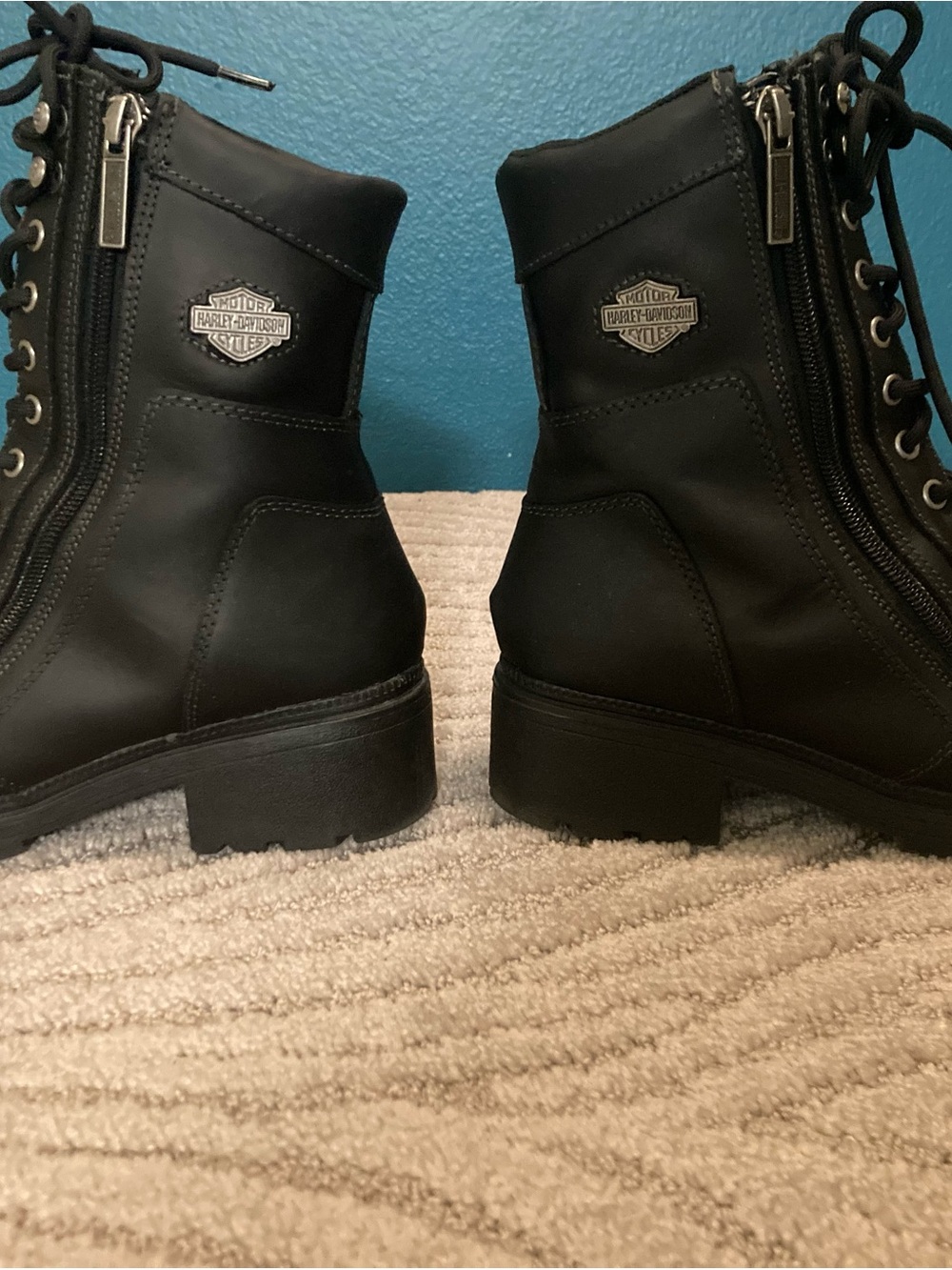 Harley-Davidson Black Leather Lace-Up Riding Boots with Side Zippers